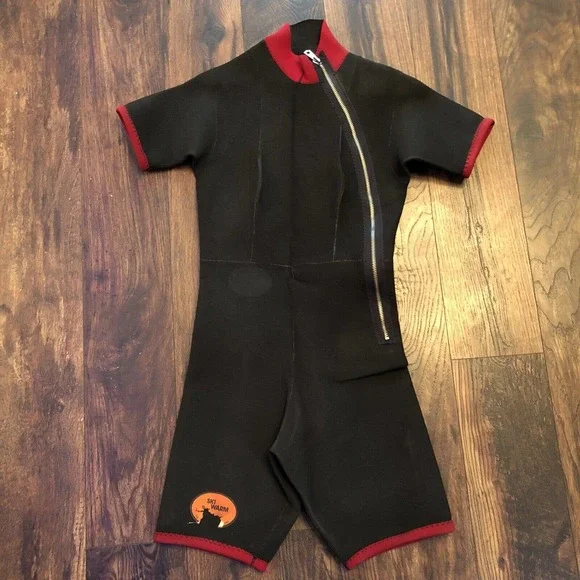 SKI WARM WETSUIT LARGE APPROX 26” WAIST 9” INSEAM ZIP UP WATER SKIING BLACK RED - Picture 1 of 12